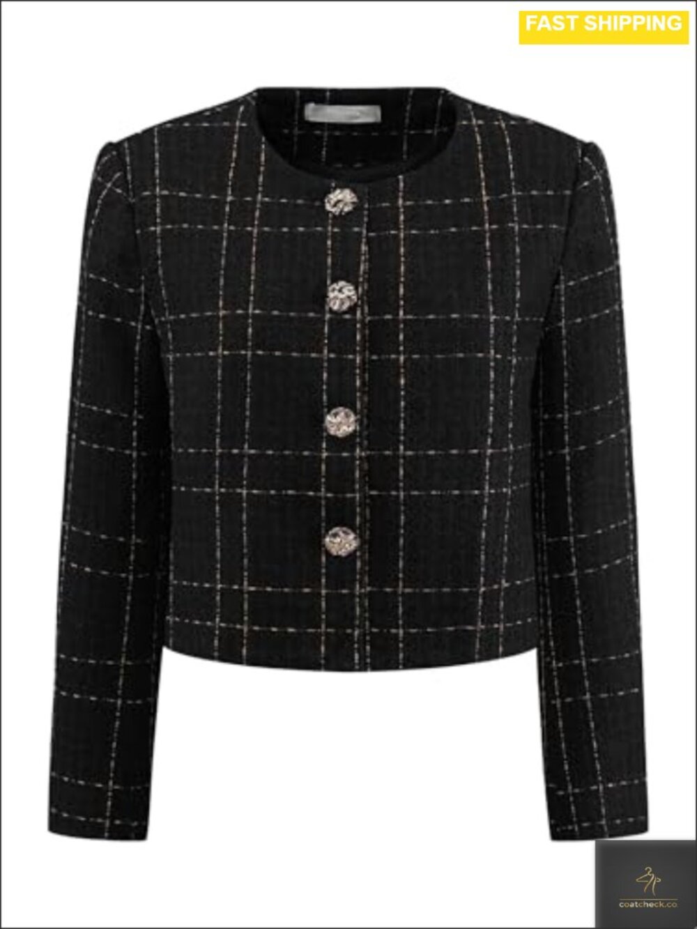 Collarless Plaid Tweed Crop Blazer Button Front Semi-Formal Jacket